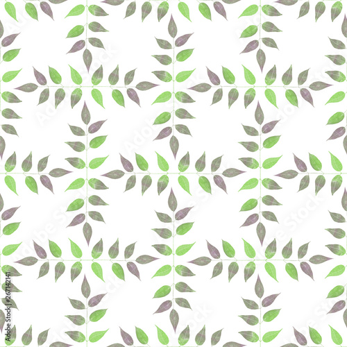 Seamless watercolor green leaves pattern on white background