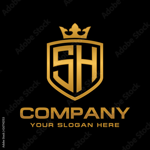 SH  initial with shield and crown  Luxury logo design vector 