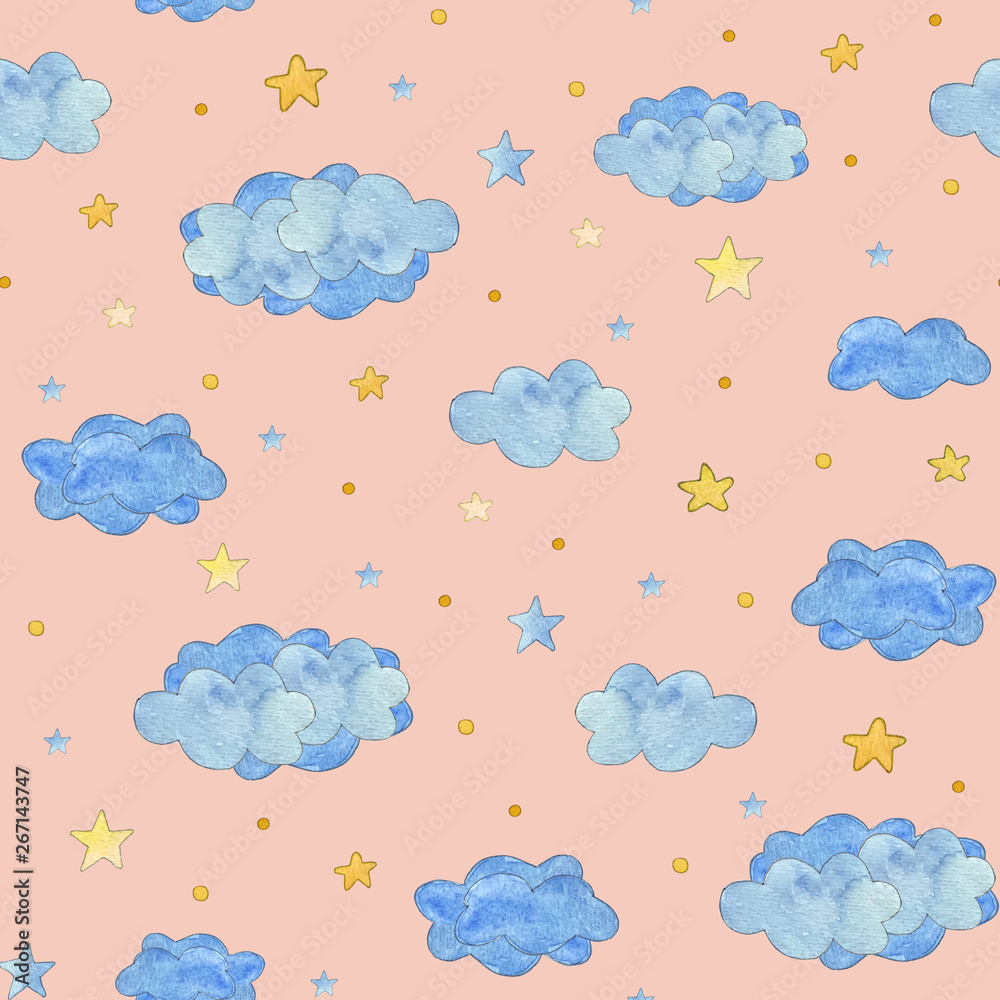 Fototapeta premium Seamless pattern with blue clouds and yellow stars, baby background