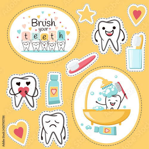 Teeth and Dentistry Elements  Stickers. Dental vector cartoons. Illustration for children dentistry and orthodontics.