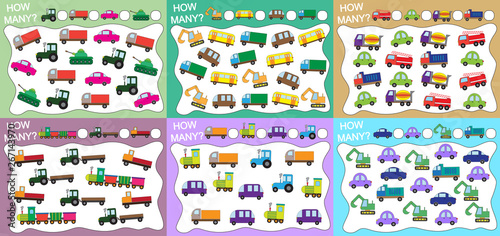 Tableau sur toile How many objects (transport) counted? Set of educational games for kids (6 in 1)