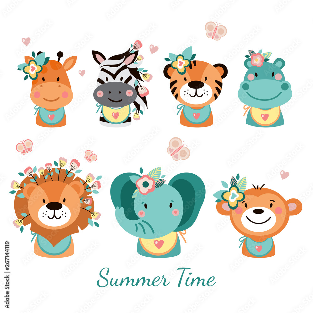 Cute animals with flowers on a white background. Illustrations for nursery design, poster, birthday greeting cards. Lion, zebra, tiger, monkey, hippo, elephant, giraffe. Cute animals with flowers on a white background. Illustrations for nursery design, poster, birthday greeting cards. Lion, zebra, tiger, monkey, hippo, elephant, giraffe.