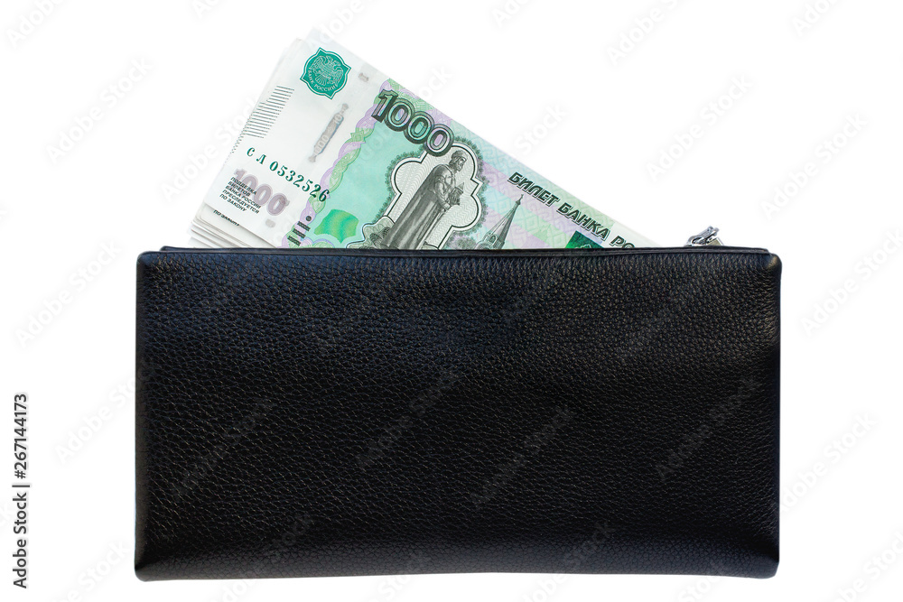 Russian money rubles, black purse bag, white background isolated Russian money rubles, black purse bag, white background isolated