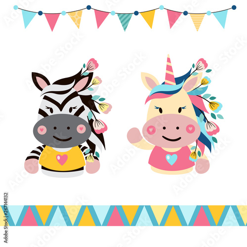 Zebra and unicorn with flowers. Cute card  vector characters set  poster for baby room  baby shower  greeting card  kids and baby t-shirts and wear.