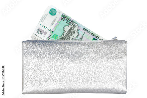 Russian money rubles, silver purse bag, white background isolated