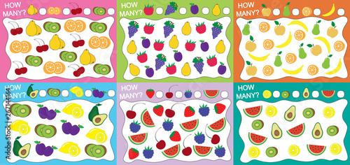 Set of educational games for kids (6 in 1). How many objects (fruits) counted? Vector illustration