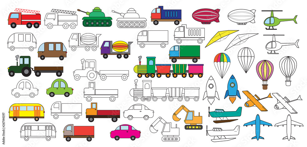 Transportation. Set of cars icons. Coloring book. Vector illustration ...