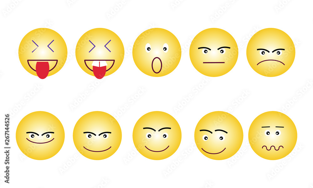 Set of yellow round emoticons or emoji illustration icons. Smile icons vector illustration isolated on white background. Concept for World Smile Day smiling card or banner Set of yellow round emoticons or emoji illustration icons. Smile icons vector illustration isolated on white background. Concept for World Smile Day smiling card or banner