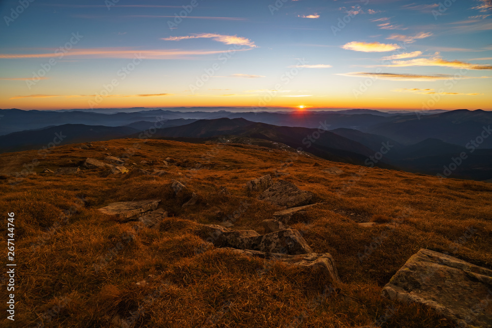 Beautiful landscape at sunset of the Ukrainian Carpathian Mountains, Chornohora from Mount Petros