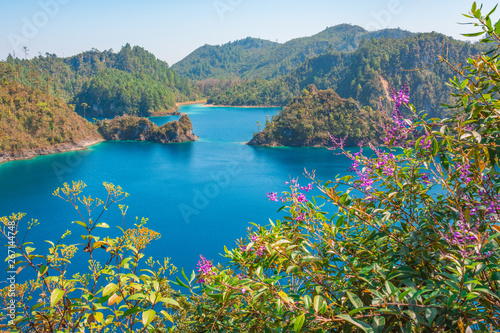 Beautiful view of the amazing Montebello turquoise lakes in Chiapas, Mexico photo