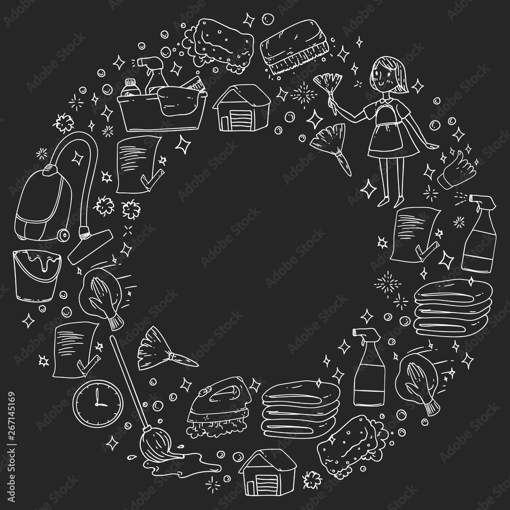 cleaning services company vector monochrome pattern on black background, drawing chalk. cleaning services company vector monochrome pattern on black background, drawing chalk.