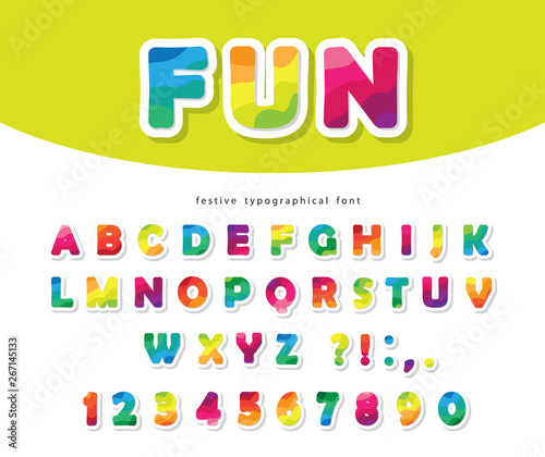 Modern colorful font. Bright paper cutout ABC letters and numbers. Trendy flexible alphabet. Vector