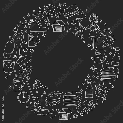cleaning services company vector monochrome pattern on black background  drawing chalk.