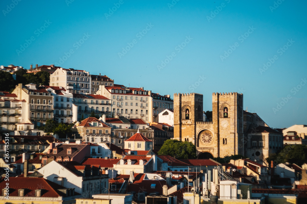 View of the Se (Lisbon Cathedral) at sunsent in Lisbon, Portugal