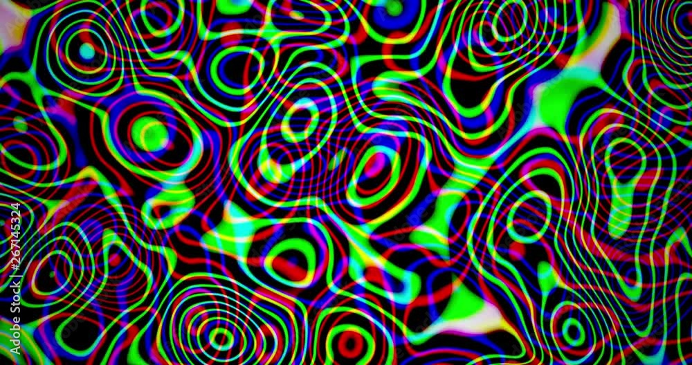 A computer generated animation showing abstract repetitive multicolored patterns scrolling horizontally on black background. A computer generated animation showing abstract repetitive multicolored patterns scrolling horizontally on black background.
