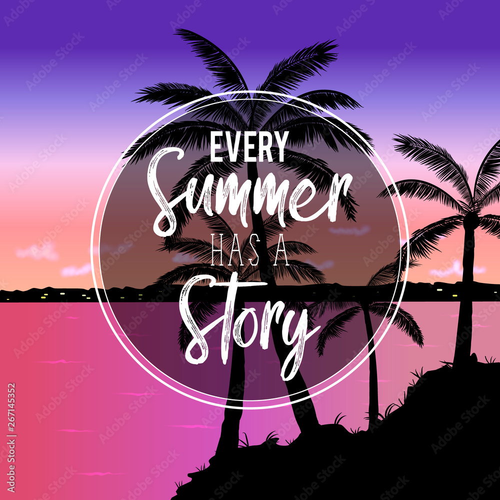 Tropical seashore sunset landscape at summer with palm trees. In blue, purple, orange and pink colors. With the text 
