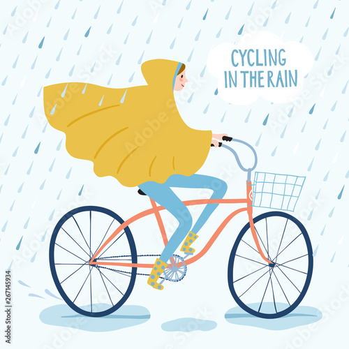 Cute girl cyclist in rainy weather vector illustration