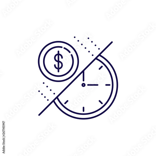 Time is money icon vector. Outline style coin and clock.