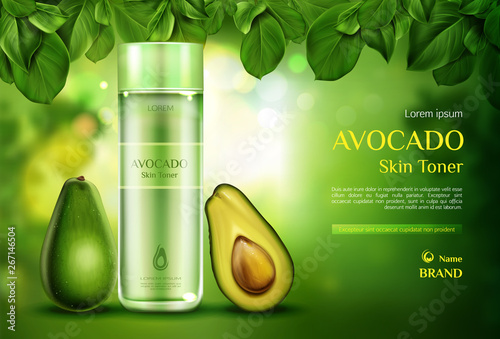 Avocado cosmetics skin toner . Organic beauty product bottle mockup on green blurred background with tree leaves. Natural eco skincare cosmetic, advertising promo template Realistic 3d vector ad