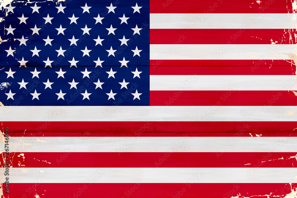 Flaga USA malowana na starej desce. - obrazy, fototapety, plakaty 