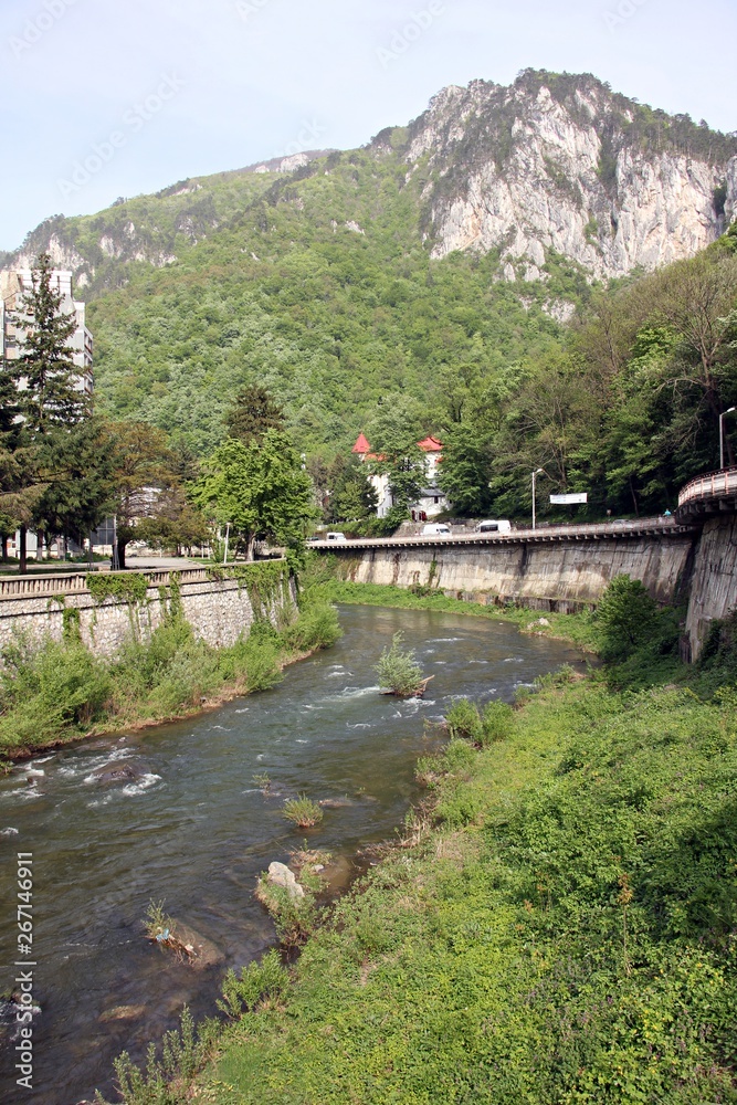 Cerna River and Cerna-Mehedinti Mountains in Herculane, Romania Cerna River and Cerna-Mehedinti Mountains in Herculane, Romania