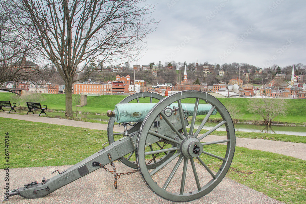 Civil War cannon in Grant Park overlooking the city of Galena, Illinois
