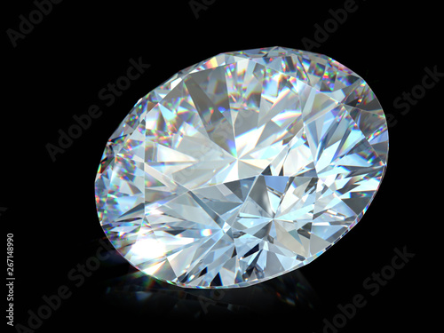 Close-up round cut diamond  front view on black glossy background
