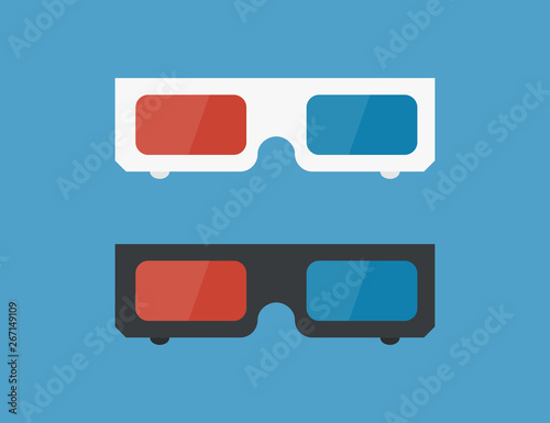 3d glasses for movie in cinema in black and white color. Isolated on blue background trendy flat style.