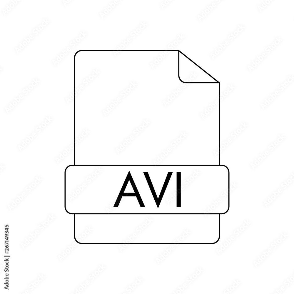Icono plano lineal extensión AVI en documento en color negro Icono plano lineal extensión AVI en documento en color negro