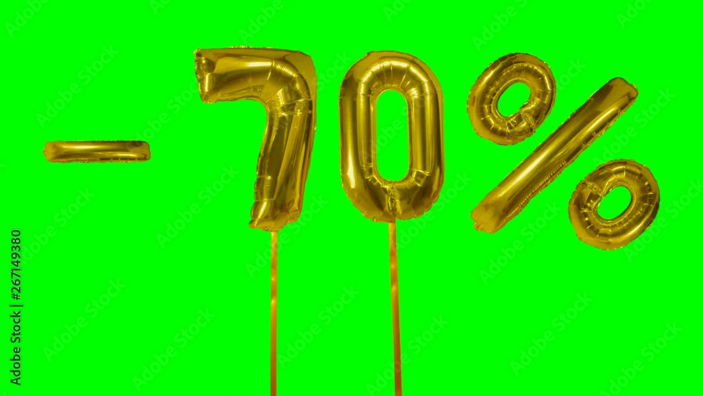 Discount 70 seventy percent off gold balloon sale banner floating on green screen shopping offer Discount 70 seventy percent off gold balloon sale banner floating on green screen shopping offer