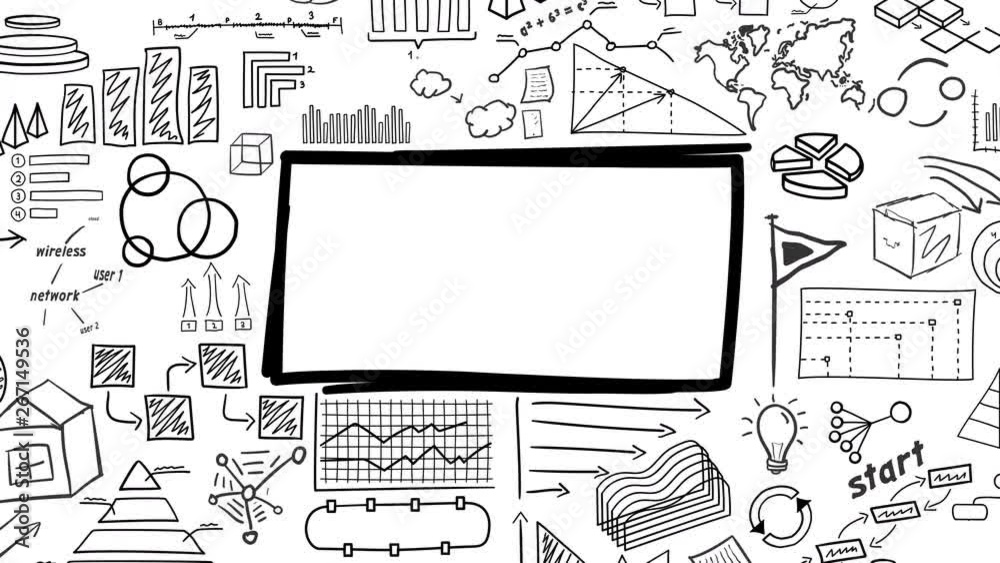 Hand-drawn infographics surround frame for text. Hand-drawn infographics surround frame for text.
