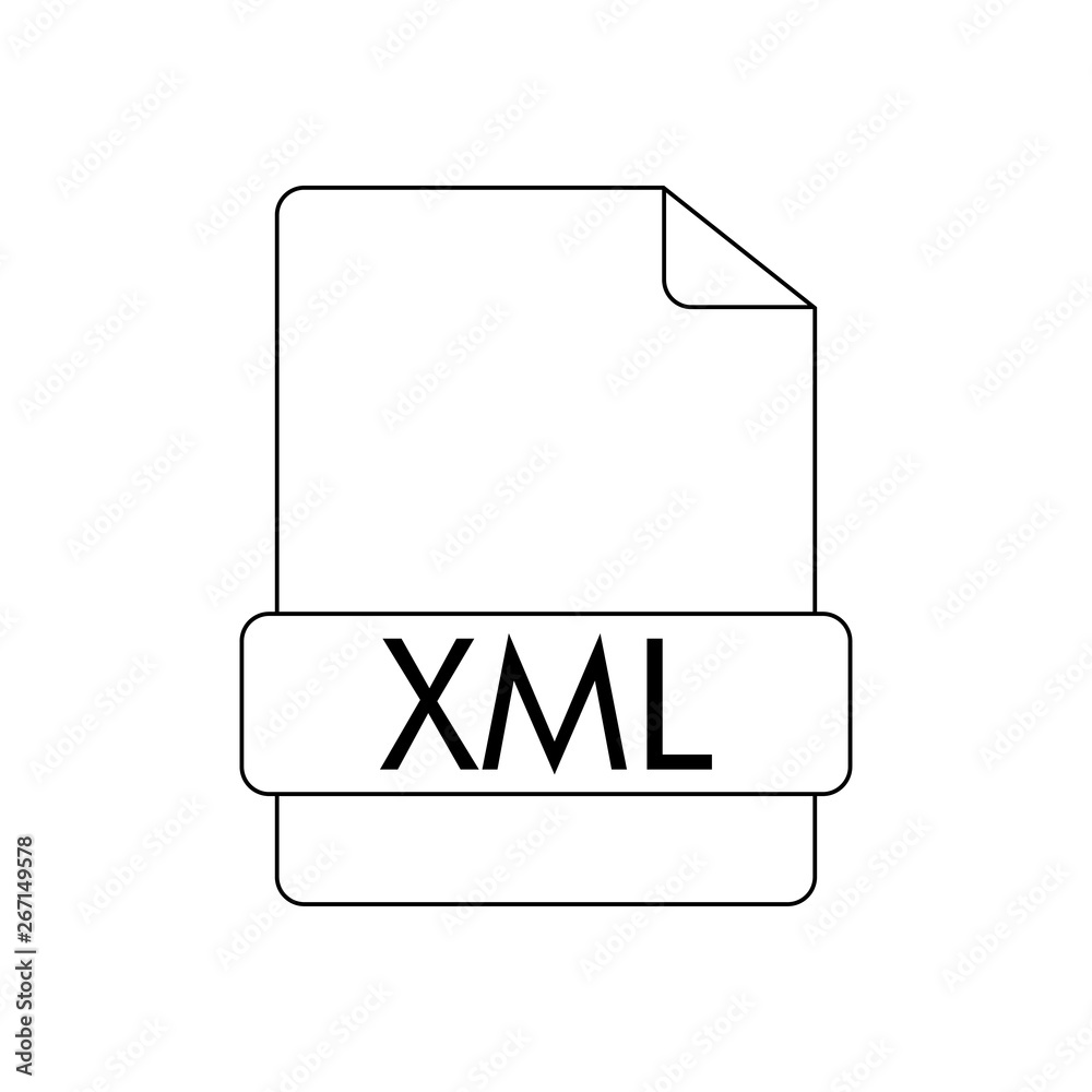 Icono plano lineal extensión XML en documento en color negro Icono plano lineal extensión XML en documento en color negro