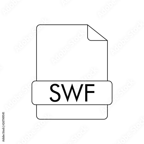 Icono plano lineal extension SWF en documento en color negro