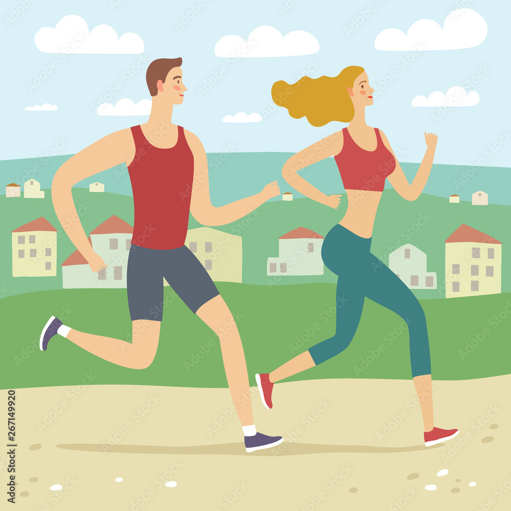 Running man and woman on landscape background Running man and woman on landscape background