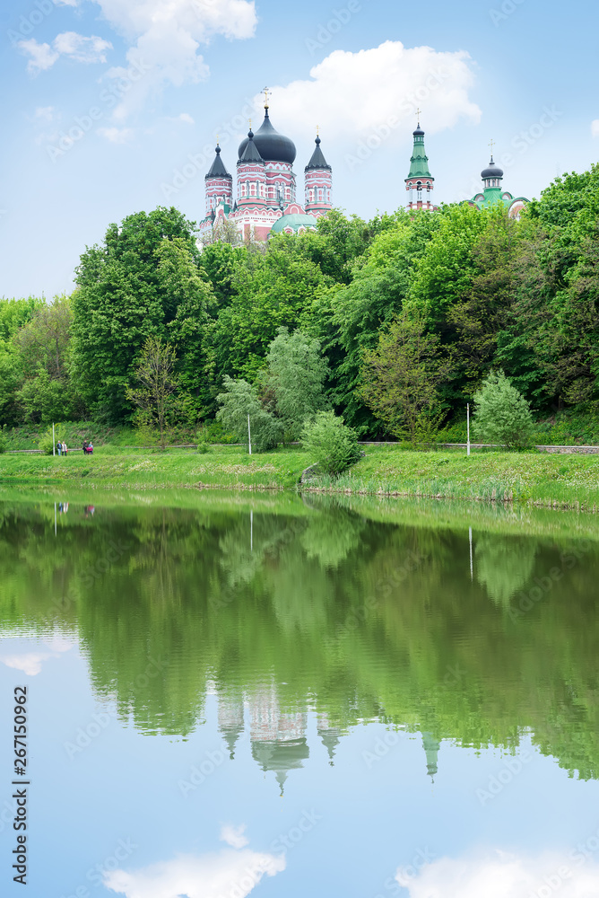 reflection in the lake of Panteleimon s Cathedral in Feofaniya Park Kiev, is one of the most beautiful places in Kiev, the capital of Ukraine.