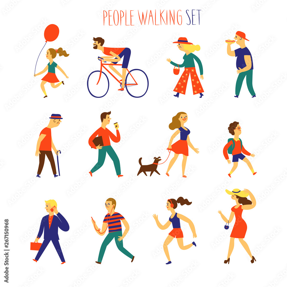 Cartoon set of walking people. Cartoon set of walking people.
