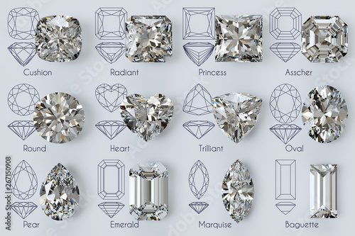 Twelve popular diamond shapes with titles, diagrams on white background photo