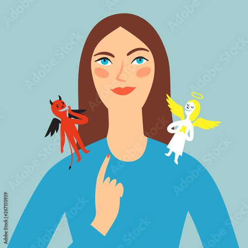  Girl with angel and devil on her shoulders.