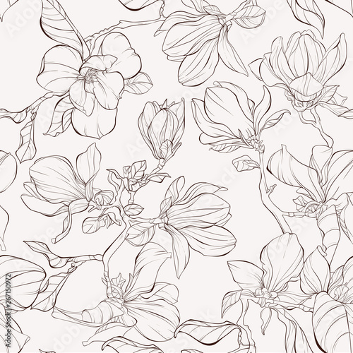 Seamless pattern, background with blooming magnolia flowers. Outline drawing. © j_bunina