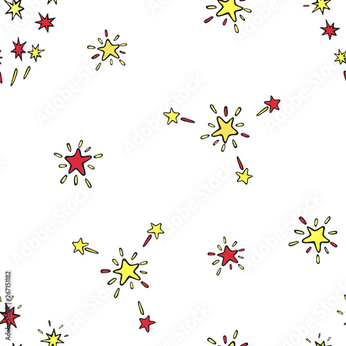 Festive seamless vector pattern with hand drawn holiday lights, colorful sketch stars on white background, vector illustration