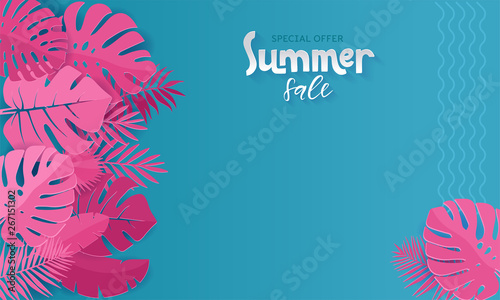 Horizontal summer sale banner with paper cut pink tropical leaves on blue background. Exotic floral design for banner, invitation, web, greeting card with place for text. Papercut illustration