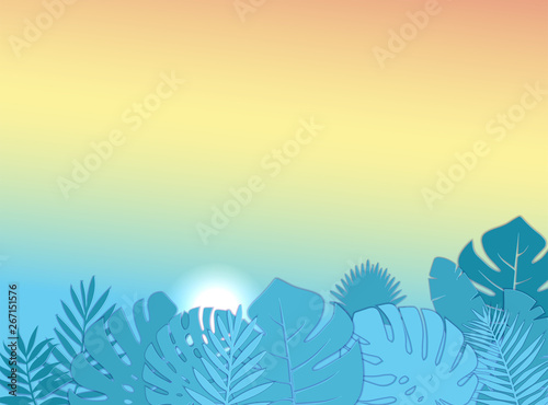 Relaxed tropical view in Summer time with monstera palm leaves. Morning Sunrise. 3D Layered Paper Cut Exotic craft banner. Papercut layout for presentation  article and header. illustration