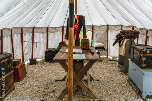 Yorktown, Virginia, USA - April 25. 2019 - An example of an officer's quarters when in encampment in the 18th centrury.