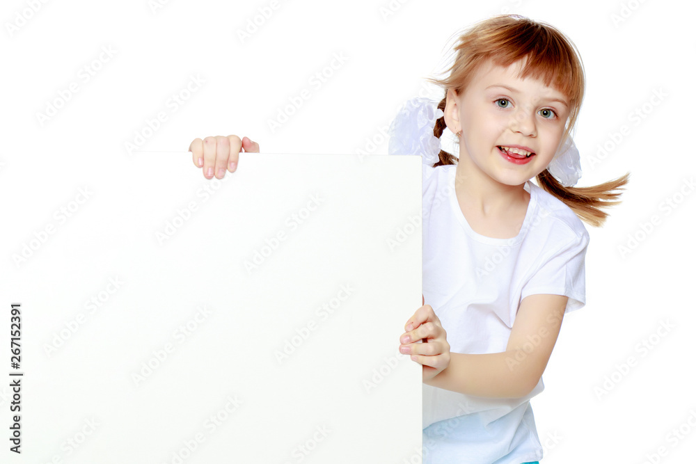 A girl is showing an advertisement on a white banner. A girl is showing an advertisement on a white banner.