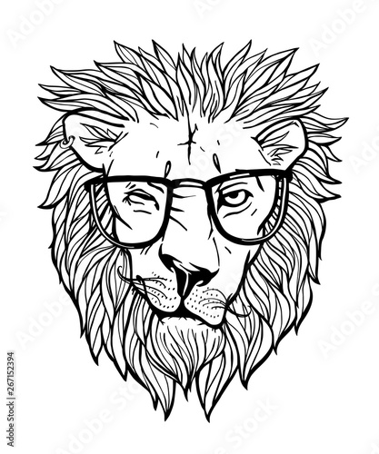 The stylized image of brutal leo with glasses. Hand drawn vector illustration