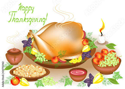 Thanksgiving Day. On the table, a delicious roast turkey, fruit, apples, mushrooms, pepper and sauce, fruit and a candle. Symbol of the holiday. Vector illustration.
