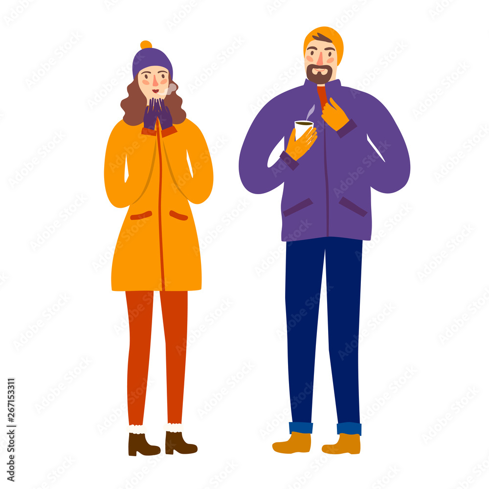 Pair wearing winter clothes holding hot coffee Pair wearing winter clothes holding hot coffee