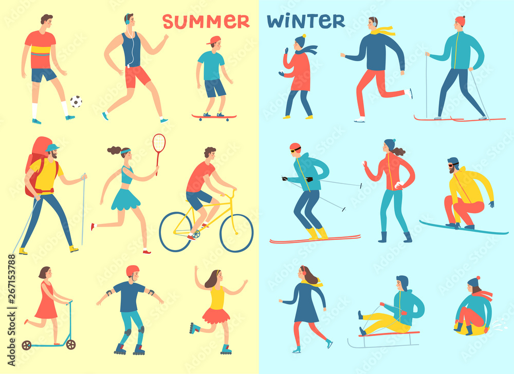 Winter and summer activities cartoon set Winter and summer activities cartoon set