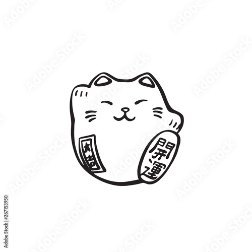 Hand drawn maneki neko. Vector black ink drawing isolated on white background. Graphic traditional Japan cat illustration photo