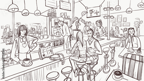Sketch of cafe interior. Young people are sitting and drinking coffee by bar counter. Modern cafe concept. Vector illustration.